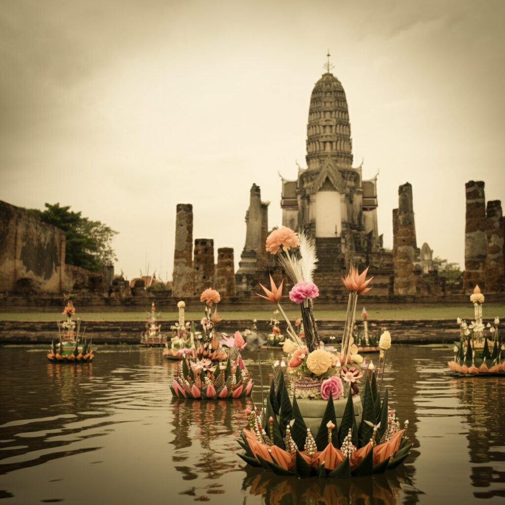 Traditional,Thai,Loy,Krathong,Scene,,Vintage,Film,Photography,Style,,Sepia