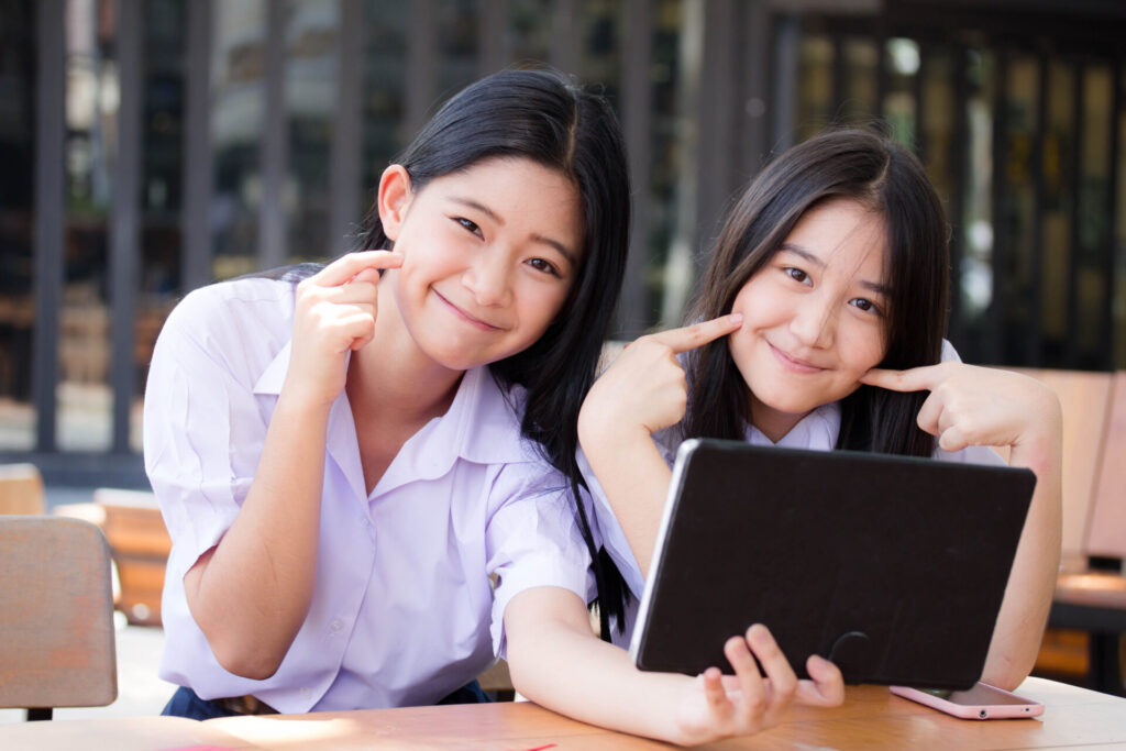 Two,Asia,Thai,High,School,Student,Uniform,Best,Friends,Beautiful