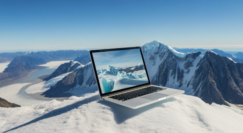 An,Open,Laptop,Precariously,Placed,On,Top,Of,A,Snowy