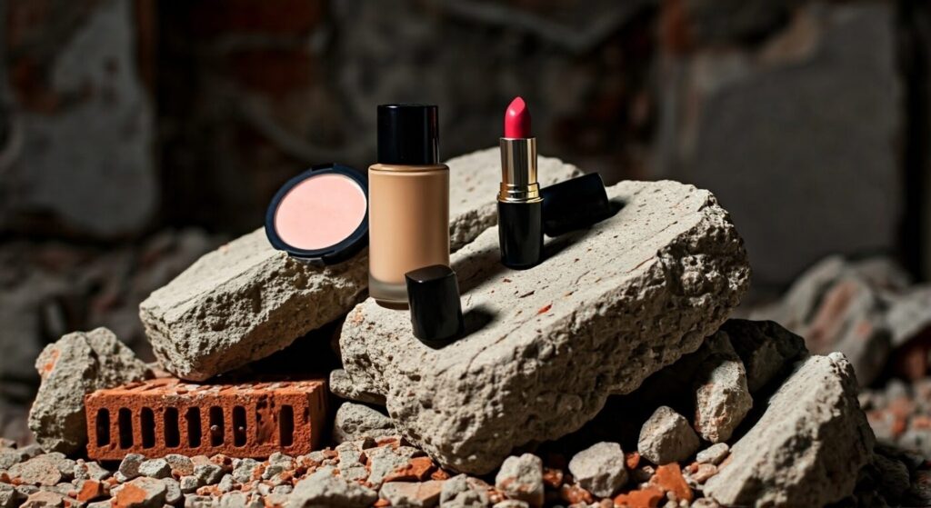 Foundation,,Blush,,And,Lipstick,Arranged,Neatly,On,A,Pile,Of