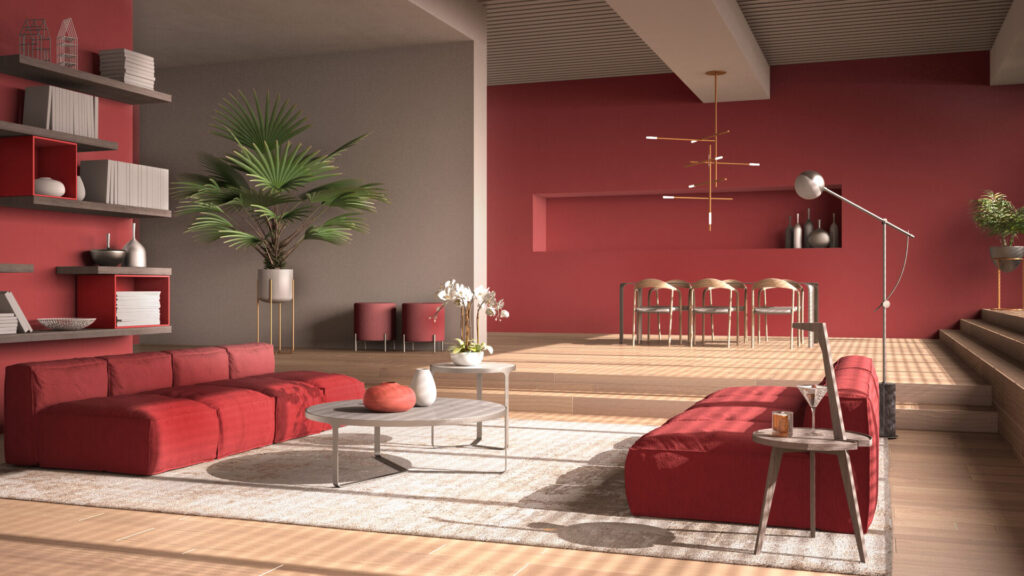 Modern,Living,Room,In,Red,Tones,,Hall,,Open,Space,With