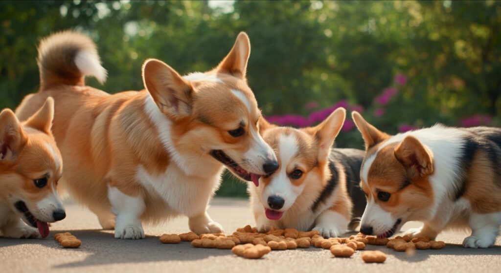 Cinematic,Scene, ,Many,Corgy,Dog,Eating,Food.