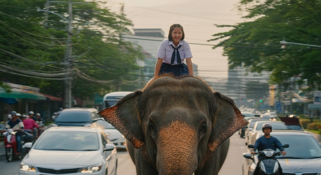 Cinematic,Scene, ,Thai,Girl,Riding,Elephant,To,School.,On