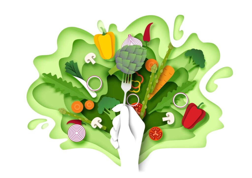 Fresh,Vegetables,And,Hand,Holding,Fork,With,Artichoke,,Vector,Illustration