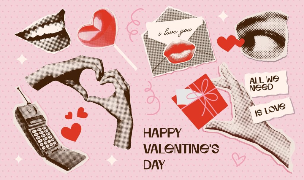 Valentine,Day,Halftone,Torn,Out,Collage,Elements,Set,With,Groovy