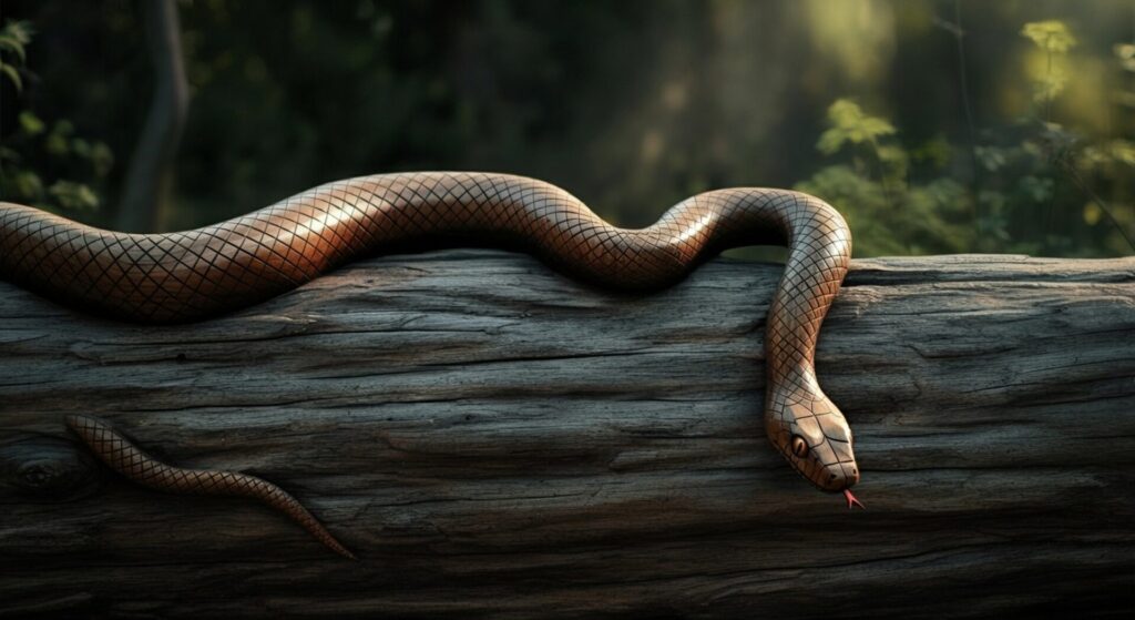 Cinematic,Scene, ,Wooden,Snake,Circling,Around,Wooden,Log.