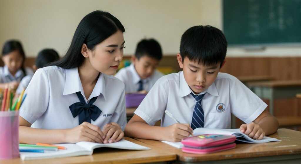 Asian,Adult,And,Kid,In,School,Uniform,,Study,In,Classroom