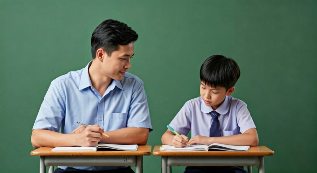 Asian,Adult,And,Kid,In,School,Uniform,,Study,In,Classroom