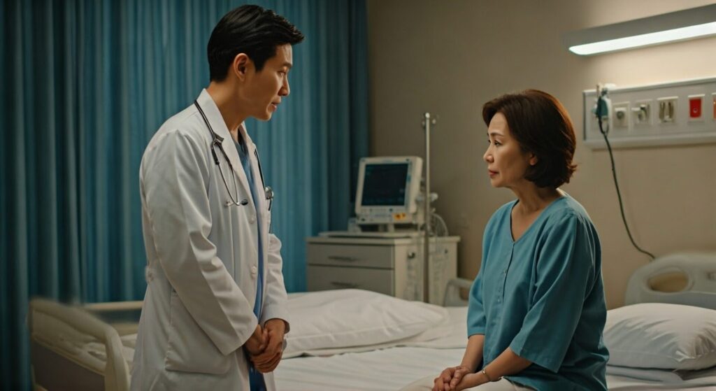 Cinematic,Scene, ,Asian,Doctor,Talking,To,Patient,Woman