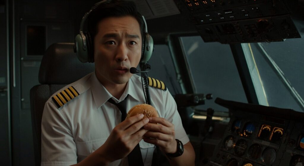 Cinematic,Scene, ,Asian,Pilot,Eating,Burger,And,Sitting,In