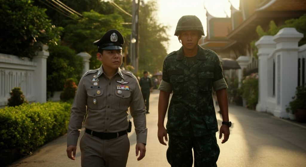 Cinematic,Scene, ,Thai,Police,And,Thai,Soldier,Walking,On