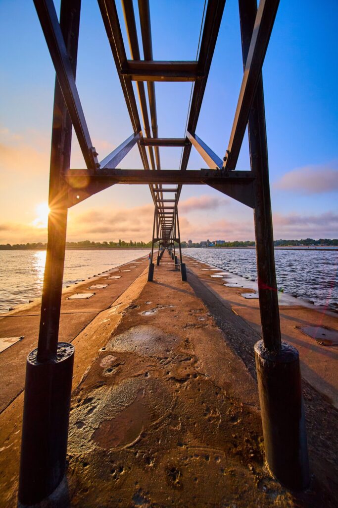 Golden,Hour,Pier,At,Lake,Michigan,With,Industrial,Overhead,Perspective