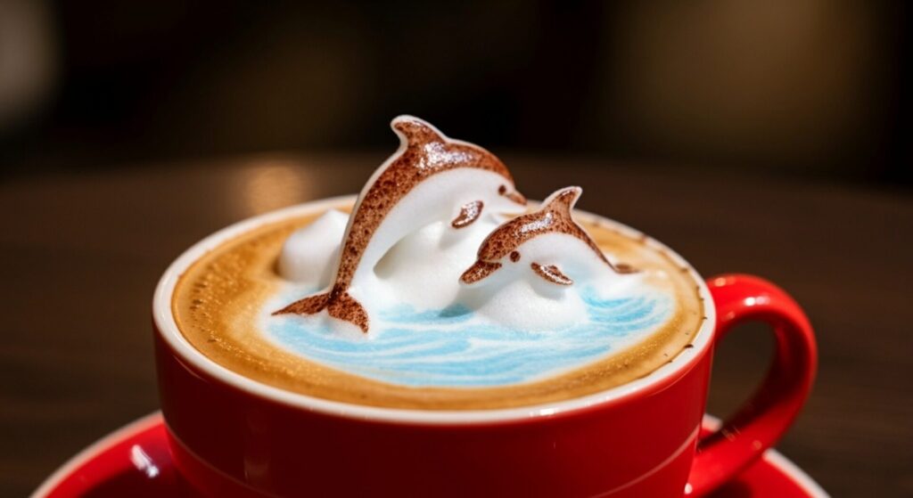 Macro,Shot,Of,Dolphins,On,Milk,Foam,In,Coffee,In