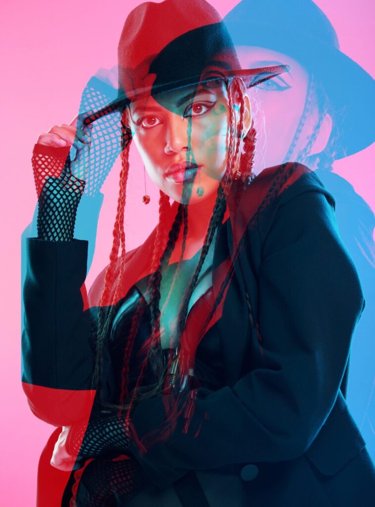 Portrait,,Rock,And,Fashion,With,Woman,,Double,Exposure,And,Confident