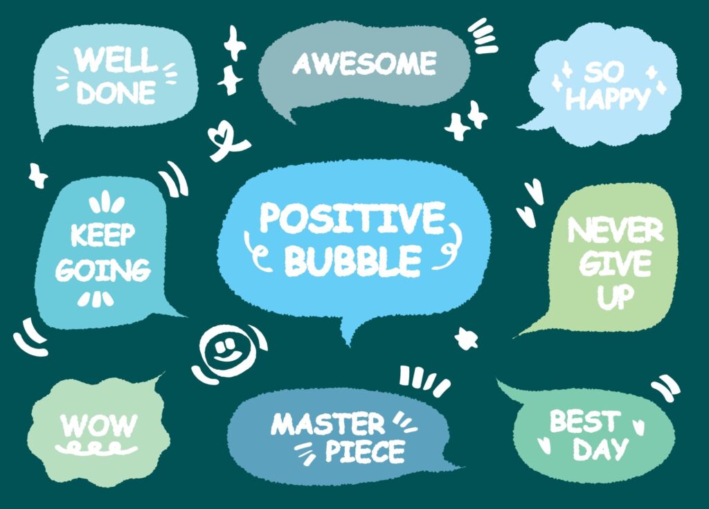 Set,Of,Positive,Words,With,Colorful,Speech,Bubble.,Compliment,Phase