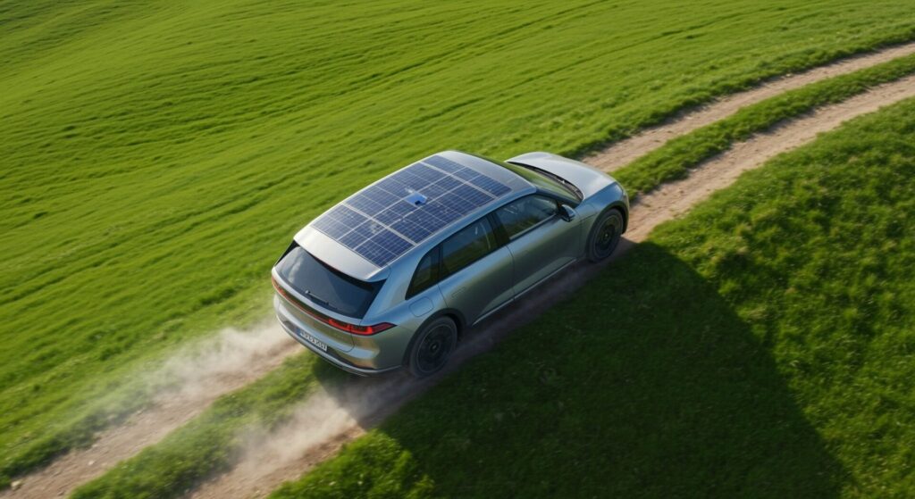 Ev,Car,Running,On,Green,Hill,,Solar,Panels,Attach,On