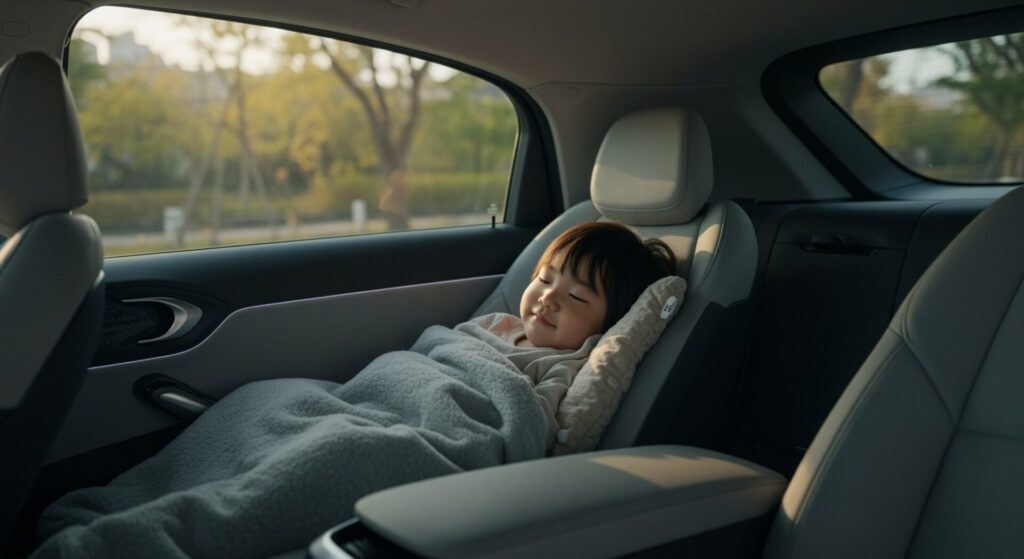 Asian,Kid,Sleep,In,Ev,Car,