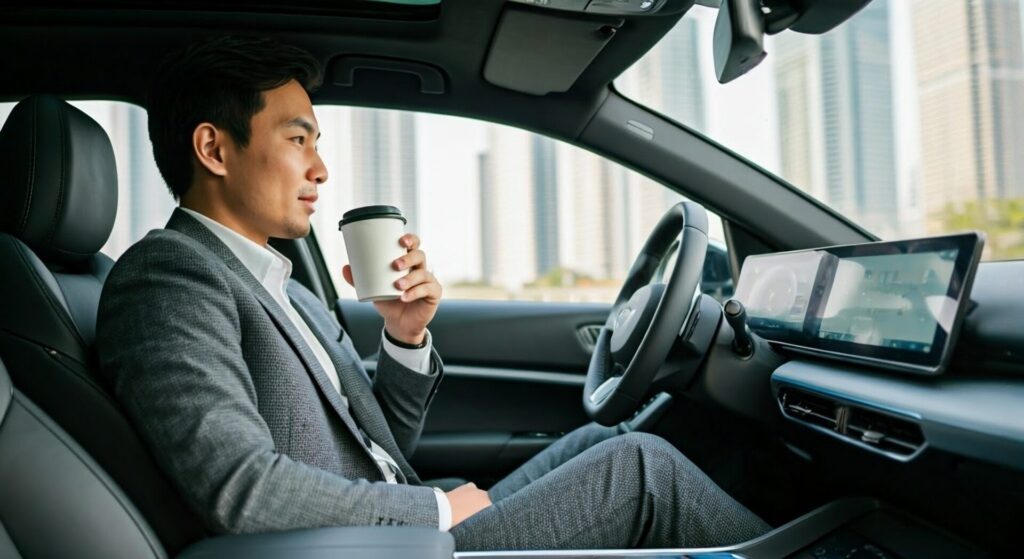 Asian,Businessman,Drinking,Coffee,On,Ev,Car