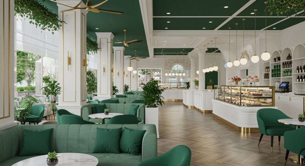 Interior,Of,Dessert,Cafeteria,In,Modern,Style.,White,And,Green