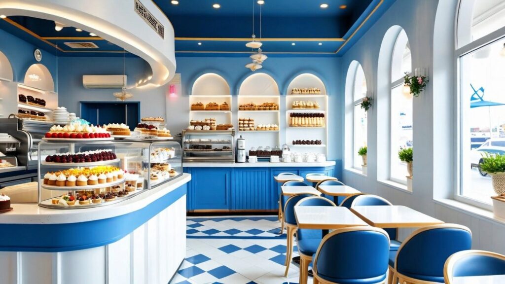 Interior,Of,Dessert,Cafeteria,In,Modern,Style.,Blue,And,White.