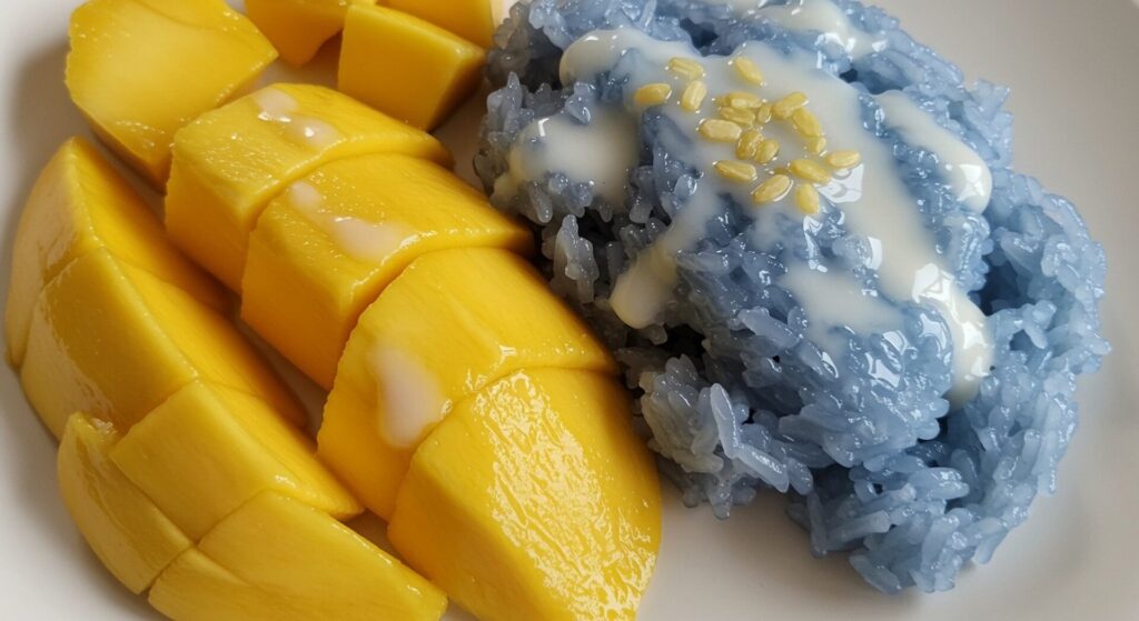 Sliced,Mango,And,Blue,Sticky,Rice.,Top,View