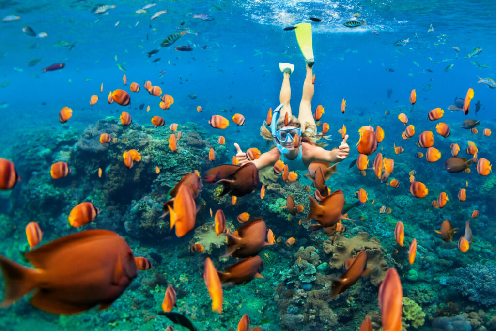 Happy,Family, ,Girl,In,Snorkeling,Mask,Dive,Underwater,With